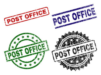 POST OFFICE seal imprints with corroded texture. Black, green,red,blue vector rubber prints of POST OFFICE caption with corroded texture. Rubber seals with round, rectangle, rosette shapes.