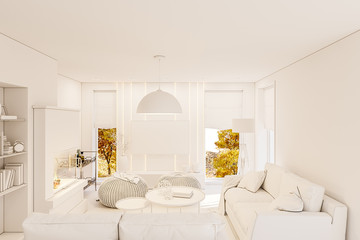 3d render modern living room interior design with fireplace