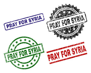 PRAY FOR SYRIA seal prints with corroded texture. Black, green,red,blue vector rubber prints of PRAY FOR SYRIA text with dirty texture. Rubber seals with round, rectangle, medal shapes.