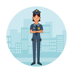 Police officer at city round icon cartoon vector illustration graphic design