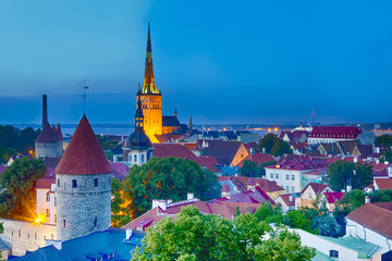 Picturesque View of Renowned and Historic Tallin City Center. Picture Made from Toompea Hill During Blue Hour