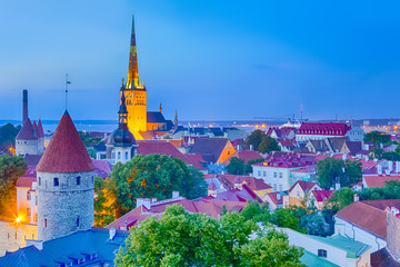 Obraz premium Travel Concepts.Historic Tallin City Center. Picture Made from Toompea Hill During Blue Hour.