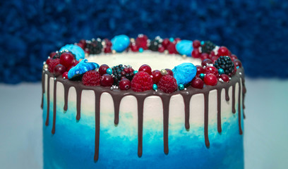 Birthday. Cake with chocolate and strawberry.