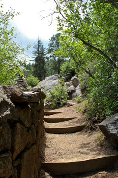 Dirt path through trees and rock for hiking in Colorado