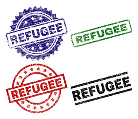 REFUGEE seal prints with corroded surface. Black, green,red,blue vector rubber prints of REFUGEE text with scratched texture. Rubber seals with circle, rectangle, medallion shapes.