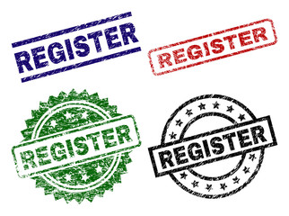 REGISTER seal prints with corroded style. Black, green,red,blue vector rubber prints of REGISTER text with corroded texture. Rubber seals with circle, rectangle, medal shapes.