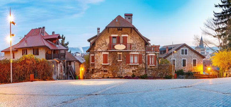 Typical French houses in Old Town of Annecy during morning blue hour, France