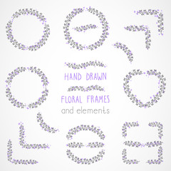 Vector set of floral hand drawn frames and decorative elements.