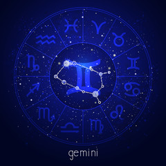 Zodiac sign and constellation GEMINI with Horoscope circle and sacred symbols on the starry night sky background. Vector illustrations in blue color.