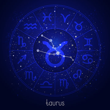 Zodiac sign and constellation TAURUS with Horoscope circle and sacred symbols on the starry night sky background. Vector illustrations in blue color.