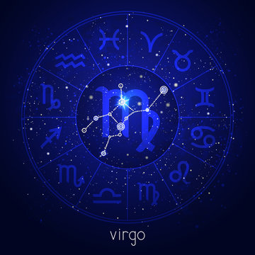 Zodiac sign and constellation VIRGO with Horoscope circle and sacred symbols on the starry night sky background. Vector illustrations in blue color.