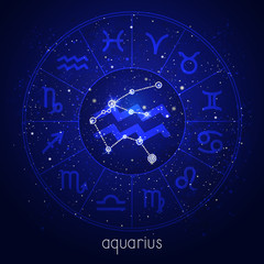 Zodiac sign and constellation AQUARIUS with Horoscope circle and sacred symbols on the starry night sky background. Vector illustrations in blue color.