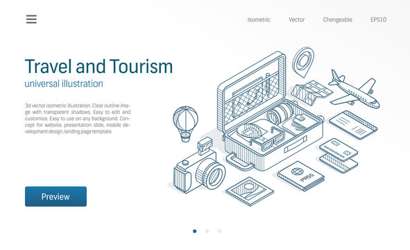 Travel, tourism business modern isometric line illustration. Open suitcase, tour map, flight ticket sketch drawn icons. Abstract 3d vector background. Vacation adventure concept. Landing page template