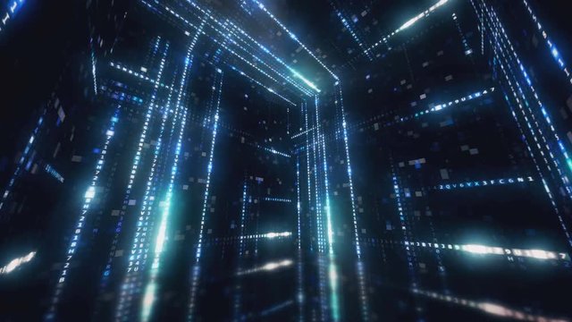 Rotating cube with hexadecimal machine code Abstract technological background with seamless loop in blue color