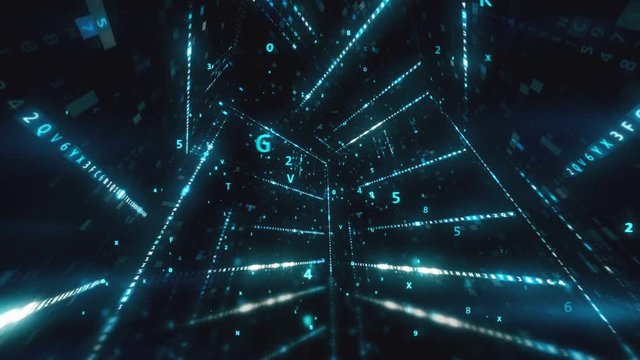 Rotating cube with hexadecimal machine code Abstract technological background with seamless loop in blue color