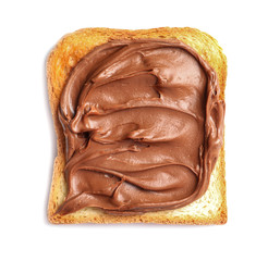 Toast bread with tasty chocolate spread on white background
