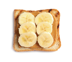 Toast bread with tasty peanut butter and banana slices on white background