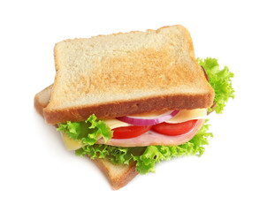 Toast bread with cheese, tomatoes, ham and lettuce leaves on white background. Tasty sandwich