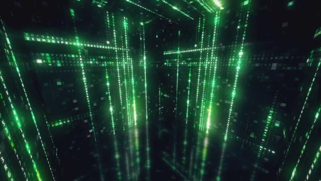 Rotating cube with hexadecimal machine code Abstract technological background with seamless loop in green color