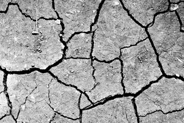 Overhead black and white image of cracked dry mud with cracks and fissures suggesting water shortage drought like conditions