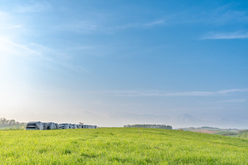 Fototapeta premium 爽やかな美瑛の丘の風景 / 北海道 美瑛町の観光イメージ