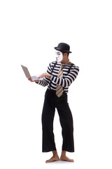 Mime with laptop isolated on white background