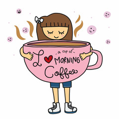 Woman with big I love a cup of morning coffee cartoon doodle vector illustration