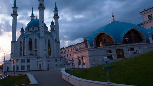 Russia, Republic of Tatarstan, Qul Sharif or Kol Sharif in Kazan Kremlin with night illumination., time lapse,Beautiful Evening Cityscape.