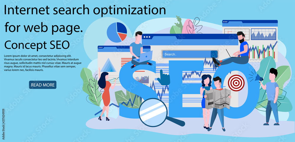 Aufkleber Landing page template of Seo analysis. Internet search optimization for web page design and website and mobile website. Concept SEO Vector illustration