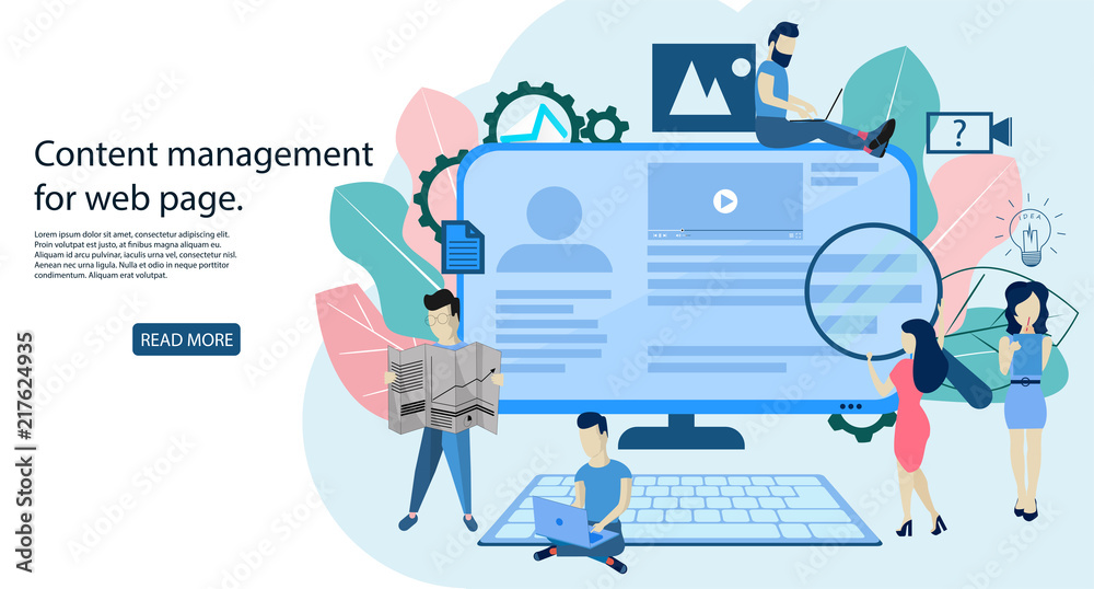 Poster blogging concept, content management for web page. vector illustration in the flat style. a team of 