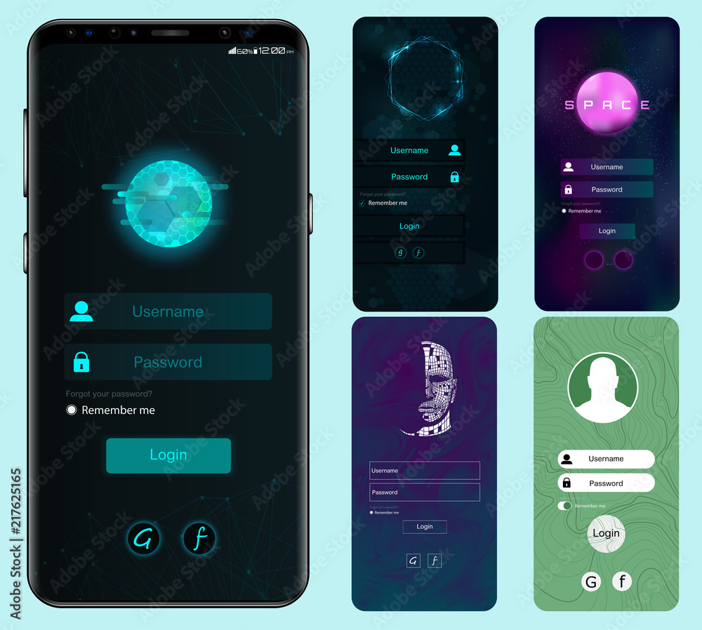 Poster Login Screen Set. Material Design UI, UX and GUI layout. Sign in, sign up and lock screen for mobile apps and responsive website. vector, colorful illustration