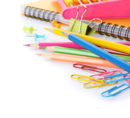 Different colorful stationery on white background. Back to school