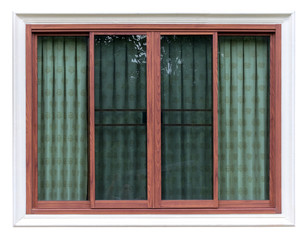 Isolate wooden window in concrete frame with curtain.