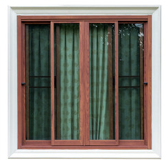 Isolate wooden window in concrete frame with curtain.