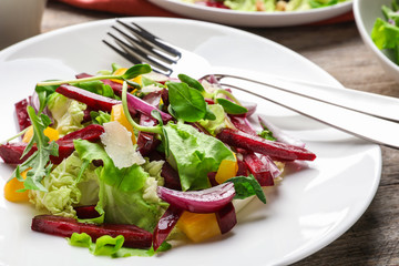 Delicious salad with beet on plate, closeup