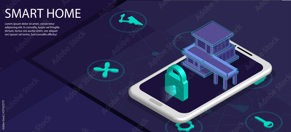 Poster intelligent building, smart home concept, isometric 3d landing page template. internet of things tec