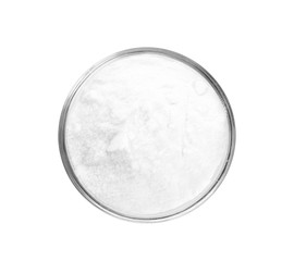 Bowl with baking soda on white background, top view