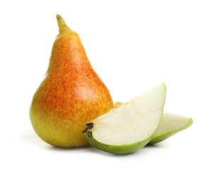Whole and sliced pears on white background