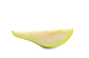 Slice of ripe pear on white background