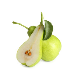 Whole and sliced pears on white background