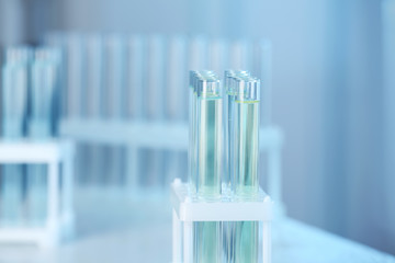 Holder with test tubes in laboratory. Chemical analysis