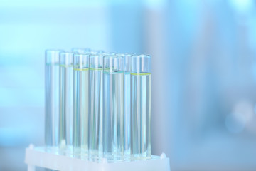 Holder with test tubes in laboratory. Chemical analysis