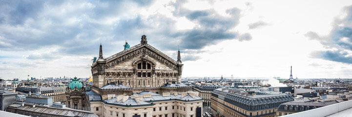 Fototapeta na wymiar Panorama of the beautiful Paris City seen from the rooftop of the Lafayette Galeries in a cold winter day