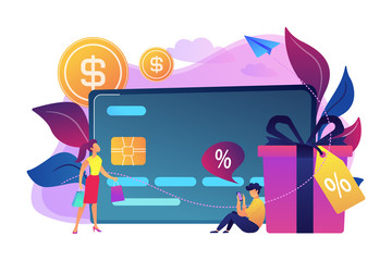 Fototapeta na wymiar Debit card, gift box and users. Online card payment and plastic money, bank card purchase and shopping, e-commerce and secure bank saving concept, violet palette. Vector isolated illustration.