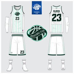 Naklejka premium Basketball jersey or sport uniform, shorts, socks template for basketball club. Front and back view sport t-shirt design. Tank top t-shirt mock up with basketball flat logo design. Vector 