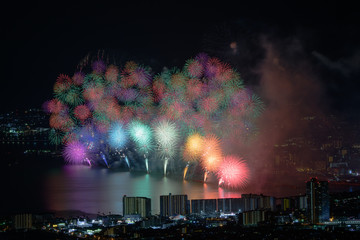 Summer Firework Festival in Biwa lake (Biwako), Otsu city, Shiga prefecture, Japan. The biggest firework exhibition in Kansai area.