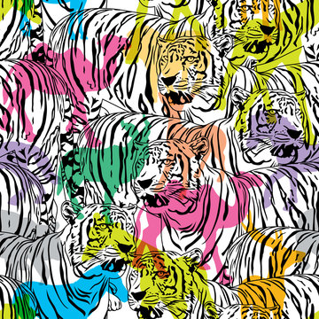 Tiger with colorful silhouette wildlife animals, seamless pattern. Wild animal design trendy fabric texture, illustration.