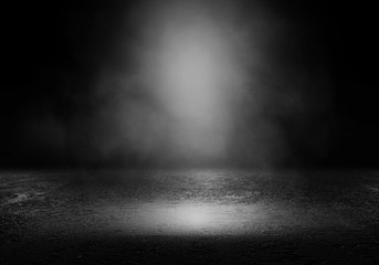 Background of an empty dark room. Empty walls, lights, smoke, glow, rays - 217632516