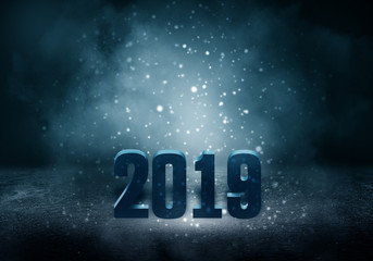 2019 - the symbol of the new year. Abstract background with bokeh, neon light, rays, searchlights. Futuristic sparkling background