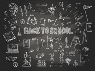 Big set of school items, such as a backpack, book, laptop, globe etc, chalked  on a blackboard. Vector.